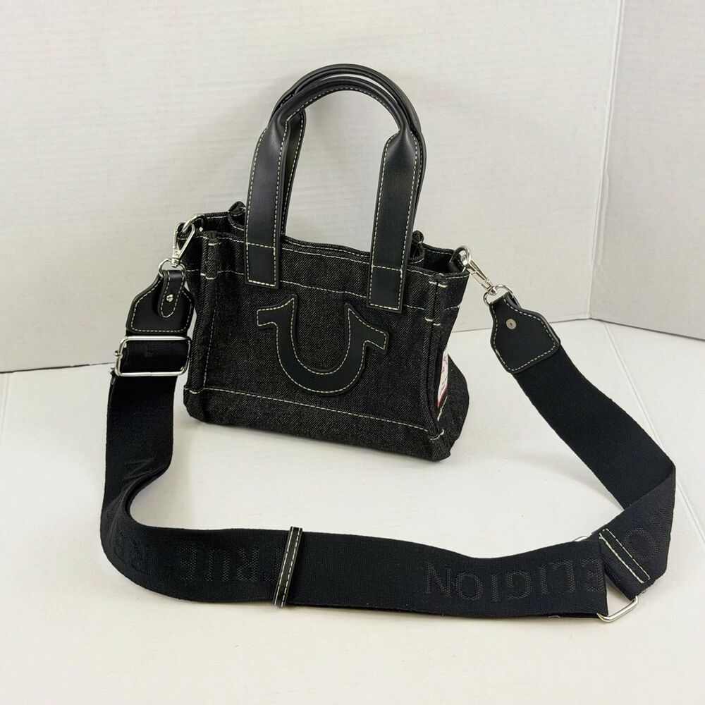 True Religion Mini Denim Tote Bag Black Crossbody Handbag Purse Horseshoe